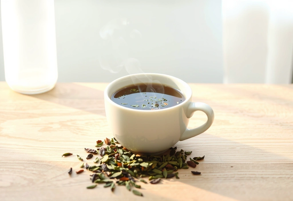 Una taza humeante de té verde con hojas de té flotando