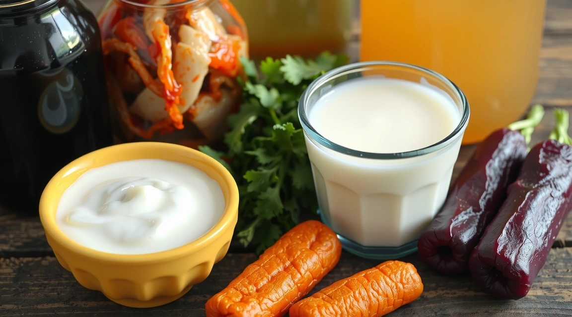 Primer plano de varios alimentos fermentados y probióticos, como kimchi, yogur, kéfir y kombucha, con texturas naturales y vibrantes.