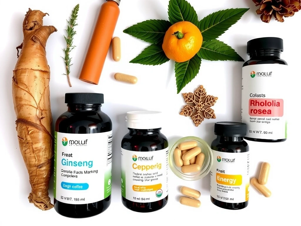 Variedad de adaptógenos y suplementos energéticos naturales, como ginseng, rodiola y vitaminas B, dispuestos de forma atractiva.