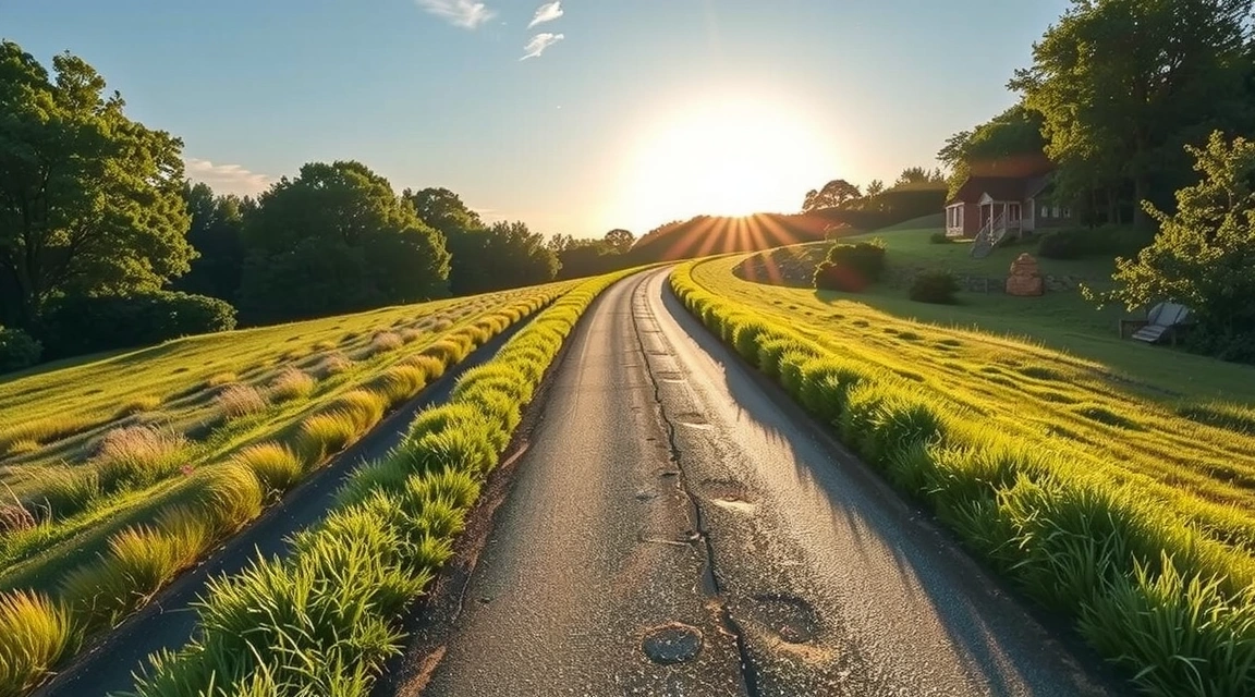 Un sendero serpenteante que lleva a un horizonte brillante, simbolizando un viaje hacia el bienestar.
