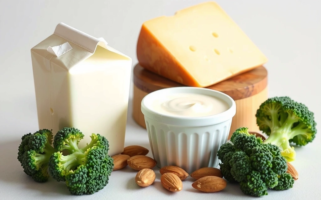 Una variedad de alimentos ricos en calcio, incluyendo leche, queso, yogur, brócoli y almendras, dispuestos de forma apetitosa.
