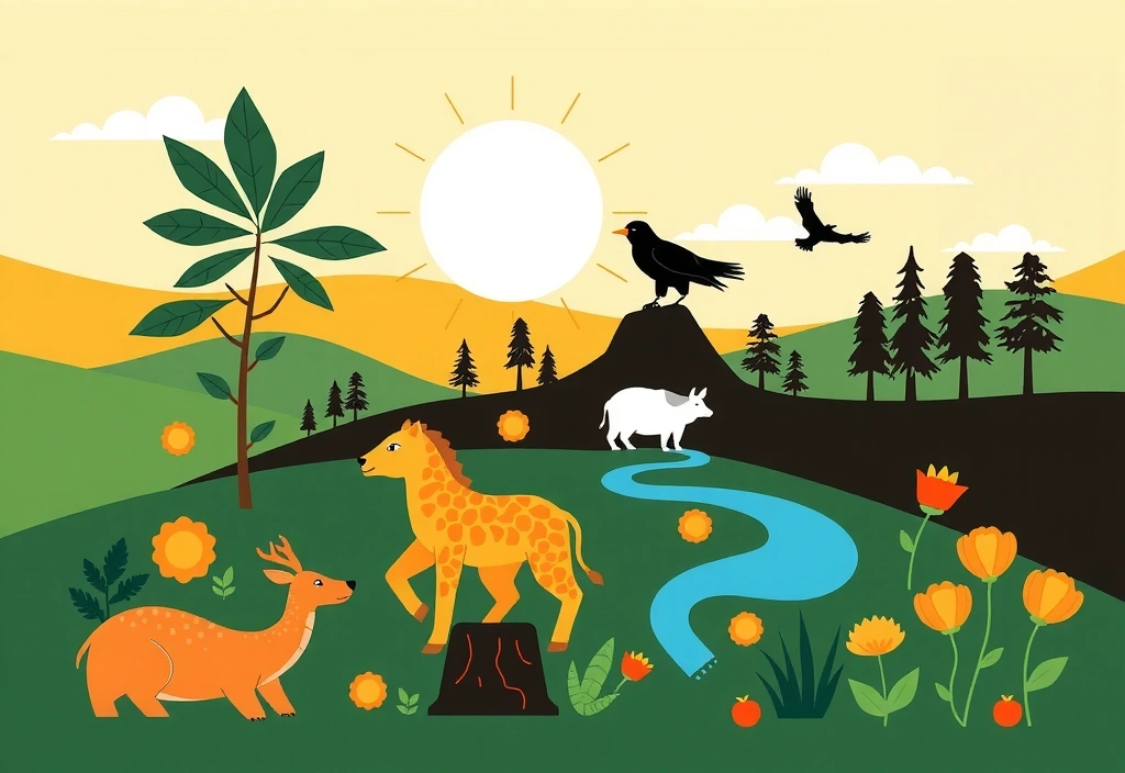 Ilustración de un ecosistema equilibrado con plantas, animales y un sol brillante, simbolizando la salud holística y la interconexión.