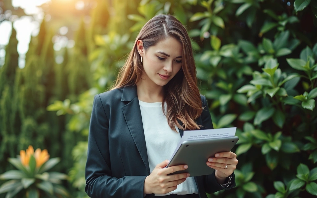 Mujer leyendo un documento legal con un fondo de naturaleza